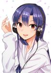  1girl :d bangs blue_hair hair_between_eyes hair_intakes headphones highres hood hood_down hooded_sweater idolmaster idolmaster_(classic) kisaragi_chihaya long_hair long_sleeves looking_at_viewer open_mouth red_eyes shiny shiny_hair smile solo suzumo70 sweater upper_body very_long_hair white_background white_sweater 