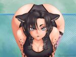  1girl animal_ears aperture_eyes azumanga_daioh bare_shoulders bent_over black_lips boots braid breasts brown_hair cleavage coco_(taiggerrock) cyborg fingernails highres hyena_ears hyena_girl hyena_tail indie_virtual_youtuber kurosawa_minamo_bent_over_in_a_swimsuit_(meme) large_breasts looking_at_viewer meme one-piece_swimsuit piercing pink_eyes pink_shirt prosthesis prosthetic_leg refmani_(vtuber) shirt skin_seams solo swimsuit tail twin_braids virtual_youtuber 