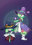  1other 2girls bad_id bad_pixiv_id blue_gem blue_hat blunt_bangs bob_cut bowl_cut capelet child closed_mouth clothed_pokemon colored_skin dress energy_ball evolutionary_line floating_gem full_body gardevoir gem glint green_gem green_hair green_skin grey_capelet hair_over_one_eye hand_up hands_up happy hat highres invisible_chair kirlia long_dress looking_at_viewer magic magic_circle magic_circle_background medium_hair multicolored_skin multiple_girls nanairo_(pixiv_116811856) no_feet object_floating_above_hand one_eye_covered open_mouth orange_gem outstretched_arm own_hands_together pokemon pokemon_(creature) pokemon_move purple_background purple_capelet purple_dress purple_hat ralts red_eyes red_gem shadow_ball_(pokemon) short_hair sidelocks sideways_mouth sitting smile standing star_(symbol) two-tone_skin white_skin witch witch_hat 