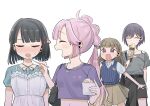  4girls absurdres anyoji_hime anyoji_hime_(hasu_no_shoushihenkei_no_kyuujitsu) black_skirt blue_shirt blue_sweater_vest blush brown_skirt collared_shirt commentary_request cowboy_shot cropped_shirt dress feeding food food_in_mouth frilled_dress frills grey_shirt highres holding holding_food holding_ice_cream holding_ice_cream_cone holding_spoon ice_cream ice_cream_cone kachimachi_kosuzu kachimachi_kosuzu_(hasu_no_shoushihenkei_no_kyuujitsu) katsuragi_izumi katsuragi_izumi_(hasu_no_shoushihenkei_no_kyuujitsu) layered_skirt love_live! love_live!_hasu_no_sora_jogakuin_school_idol_club massigura midriff miniskirt momose_ginko momose_ginko_(hasu_no_shoushihenkei_no_kyuujitsu) multiple_girls navel nose_blush off-shoulder_shirt off_shoulder open_mouth pinafore_dress pleated_skirt purple_shirt shirt short_sleeves simple_background skirt sleeveless sleeveless_dress soft_serve spaghetti_strap spoon sweatdrop sweater_vest t-shirt virtual_youtuber white_background white_dress 