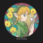  1boy artist_name belt blonde_hair blue_eyes border brown_belt child closed_mouth commentary english_commentary fairy flower from_side green_hat hat highres link male_focus navi pointy_ears round_border rutiwa shoulder_belt the_legend_of_zelda the_legend_of_zelda:_ocarina_of_time the_legend_of_zelda:_ocarina_of_time_(remake) yellow_flower young_link 