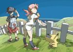  1boy 1girl against_fence backpack backwards_hat bag baseball_cap can day donnpati ethan_(pokemon) fence gen_1_pokemon grass gym_leader hair_tie hat highres holding holding_can leaning_forward outdoors parted_lips pikachu pink_hair pokemon pokemon_(creature) pokemon_(game) pokemon_gsc shirt shoes short_sleeves shorts side_slit side_slit_shorts socks standing tied_hair white_shorts whitney_(pokemon) 