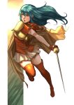  1girl armor blue_eyes blue_hair boots breastplate cape eirika_(fire_emblem) fire_emblem fire_emblem:_the_sacred_stones full_body highres holding holding_sword holding_weapon long_hair nanbu_yasumi open_mouth pleated_skirt red_boots shoulder_armor skirt solo sword thigh_boots weapon white_background white_skirt yellow_armor yellow_cape 