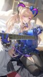  1girl absurdres acoustic_guitar arknights arknights:_endfield black_thighhighs blonde_hair blue_gloves chinese_commentary commentary_request curled_horns demon_girl demon_horns demon_tail gloves guitar hairband highres holding holding_instrument horns indoors instrument instrument_request liino_(arknights) long_hair long_sleeves looking_at_viewer multicolored_horns open_mouth partially_fingerless_gloves pointy_ears purple_eyes purple_tail solo star-shaped_pupils star_(symbol) symbol-shaped_pupils tail thighhighs ttk_(kirinottk) two-tone_horns 