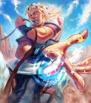  1boy absurdres arm_warmers beanie blonde_hair blue_arm_warmers blue_eyes blue_lips blue_nails blue_pants blue_sky clenched_teeth cloud commentary day english_commentary handprint hat heart_ornament highres holding holding_reins hood hood_down hoodie horse horseback_riding horseshoe_hat_ornament horseshoe_ornament johnny_joestar jojo_no_kimyou_na_bouken lipstick liveart001 makeup male_focus medium_hair nail_polish outdoors pants pink_sleeves reins riding short_sleeves sky slow_dancer_(jojo) solo star_(symbol) star_print steel_ball_run teeth two-tone_sleeves white_hat white_hoodie white_sleeves 