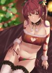  1girl bare_shoulders breasts christmas_ornaments cleavage cleavage_cutout clothing_cutout frilled_legwear fur-trimmed_tubetop hair_ornament highres hololive houshou_marine looking_at_viewer medium_hair multicolored multicolored_eyes navel panties red_eyes ribbon scrunchie side-tie_panties strapless thighhighs tubetop two_side_up underwear white_legwear wrist_scrunchie yamikyon 