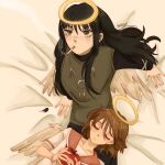  2girls agrust-art angel angel_wings black_hair brown_hair cigarette commentary feathered_wings haibane_renmei halo highres multiple_girls on_bed rakka_(haibane_renmei) reki_(haibane_renmei) sleeping wings 