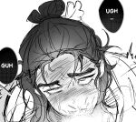  2boys :>= aki_mochii all_wishes_come_true! blush censored chinese_clothes crying crying_with_eyes_open cum cum_in_mouth cum_in_nose deepthroat english_commentary english_text facial_hair fellatio full-face_blush greyscale hair_bun hair_ornament half_updo hanfu heavy_breathing highres leaf_hair_ornament looking_at_viewer looking_up male_focus monochrome multiple_boys mustache_stubble oral out_of_frame penis pov pov_crotch rolling_eyes saliva single_hair_bun sketch snot solo_focus speech_bubble stubble sweat tears trembling white_background zhongli_quan_(all_wishes_come_true!) 