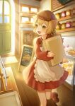  1girl absurdres animal_ears bakery blonde_hair bloom blush bread bread_bun cash_register cat_girl check_commentary commentary_request croissant display display_case food food_focus green_eyes hi_hiiii highres holding holding_tray indoors loaf_of_bread melon_bread menu_board muffin original pastry shop solo tray waitress 