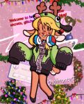  absurdres animal_ears antlers antonymph artist_name blonde_hair buck_teeth commentary cosplay deer_antlers deer_ears deer_girl deer_tail deltarune english_commentary freckles furry furry_female gir_(dog_costume)_(invader_zim) gir_(invader_zim) gir_(invader_zim)_(cosplay) green_hoodie headphones headphones_around_neck highres hood hoodie hooves horns invader_zim mrmonteg noelle_holiday pink_background reindeer_girl siivagunner solo tail teeth two-tone_hoodie utdr_(toby_fox) vylet_pony window_(computing) zipper zipper_pull_tab 