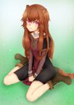  1girl :t absurdres anchya1122 animal_ear_fluff animal_ears ankle_boots arms_between_legs artist_name black_dress boots brown_boots brown_dress brown_hair closed_mouth collar commentary dress full_body gradient_hair grass green_background hair_between_eyes highres long_hair long_sleeves looking_at_viewer messy_hair metal_collar metal_wrist_cuffs multicolored_hair on_ground pinstripe_dress pinstripe_pattern raccoon_ears raccoon_girl raccoon_tail raphtalia raphtalia_(young) red_dress short_sleeves signature simple_background sitting solo tail tanuki tate_no_yuusha_no_nariagari wariza watermark white_background 