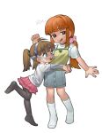  2girls black_pantyhose blue_eyes blue_skirt braces brown_eyes brown_hair buck_teeth child commentary english_commentary full_body hair_ornament hair_scrunchie highres kneehighs long_hair looking_at_another looking_at_viewer multiple_girls open_mouth orange_hair original pantyhose pink_scrunchie pink_skirt pleated_skirt ponytail sawyer_(482egg) scrunchie shirt short_sleeves skirt smile socks tank_top teagan_(482egg) teeth white_shirt yellow_shirt yokappa_(jokappa) 