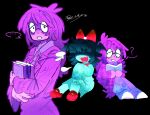  antenna_hair aqua_(deltarune) aqua_dress aqua_skin black_background book buck_teeth colored_skin covered_eyes deltarune dress fangs glasses hair_wings highres holding holding_book missaliasalias purple_eyes purple_hair purple_skin red_shoes round_eyewear seth_(deltarune) shoes sitting sleeves_past_fingers sleeves_past_wrists teeth utdr_(toby_fox) white_shoes 