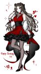  1girl absurdres an233gle animal_ears bare_arms bare_shoulders bear_ears blue_eyes blush breasts brown_hair choker cleavage cleavage_cutout clothing_cutout commentary dated dress frilled_dress frills fur_scarf gloves happy_birthday heart high_heels highres large_breasts legs limbus_company lips long_hair looking_at_viewer pantyhose project_moon red_choker red_dress rodion_(project_moon) see-through_cleavage see-through_clothes simple_background smile solo star_(symbol) teeth untranslatable_commentary white_background 