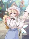  1other 2girls absurdres bag black_bow black_bowtie blonde_hair blue_eyes blue_skirt blush blush_stickers bow bowtie breasts chewing chibi chibi_inset commentary_request common_hman crumbs detached_wings double_bun erpin_(trickcal) fang fewer_digits frills gold_tiara hair_bun hat highres holding holding_hands holding_pastry_bag humanization korean_commentary large_breasts leader_(trickcal) long_hair long_sleeves multiple_girls ner_(private_lesson_picnic)_(trickcal) ner_(trickcal) open_mouth out_of_frame paper_bag pastry_bag puffy_cheeks puffy_long_sleeves puffy_sleeves red_eyes road shirt shoulder_bag skirt smile standing street sweatdrop tiara trickcal white_shirt wings 