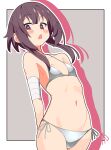  1girl absurdres arms_behind_back bandaged_arm bandages bikini black_hair blush breasts collarbone commentary cowboy_shot grey_background highres kono_subarashii_sekai_ni_shukufuku_wo! looking_at_viewer megumin navel noyama_takenoko open_mouth outline red_eyes short_hair_with_long_locks side-tie_bikini_bottom silver_bikini silver_week small_breasts solo string_bikini swimsuit two-tone_background white_background white_outline 