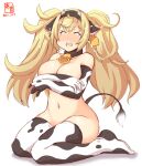  1girl animal_ears animal_print artist_logo bell blonde_hair breasts cleavage closed_eyes commentary_request covering covering_breasts cow_ears cow_horns cow_print cow_tail cowbell crying dated ear_tags elbow_gloves fake_animal_ears fake_horns full_body gambier_bay_(kancolle) gloves highres horns kanon_(kurogane_knights) kantai_collection large_breasts navel nude simple_background sitting solo tail tears thighhighs twintails wariza white_background white_gloves white_legwear 