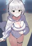  1girl black_eyes blue_archive blue_one-piece_swimsuit blue_shrug blush breasts cleavage commentary_request cowboy_shot fins fish_tail heart highres hood hood_down hooded_shrug kotone_(blue_archive) large_breasts long_sleeves looking_at_viewer mole mole_under_eye multicolored_one-piece_swimsuit multicolored_shrug one-piece_swimsuit round_eyewear short_hair shrug_(clothing) small_sweatdrop smile solo solokitsune swimsuit tail teeth thigh_gap thighs two-tone_one-piece_swimsuit two-tone_shrug white_hair white_one-piece_swimsuit white_shrug 