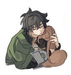  1boy 1girl animal_ears arm_shield black_dress black_hair black_shirt child cloak closed_eyes commentary_request dress green_cloak grey_dress highres hug iwatani_naofumi legendary_shield_(small_shield)_(tate_no_yuusha_no_nariagari) legendary_shield_(tate_no_yuusha_no_nariagari) long_hair long_sleeves messy_hair metal_wrist_cuffs pinstripe_dress pinstripe_pattern raccoon_ears raccoon_girl raccoon_tail raphtalia raphtalia_(young) shirt short_hair short_sleeves simple_background soko straight_hair sweatdrop tail tanuki tate_no_yuusha_no_nariagari upper_body white_background 