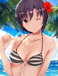  1girl bangs bikini bikini_top black_hair breasts candy cleavage closed_mouth collarbone day eyebrows_visible_through_hair food front-tie_bikini front-tie_top hair_between_eyes halterneck idolmaster idolmaster_(classic) kikuchi_makoto lollipop looking_at_viewer ocean outdoors purple_eyes ribbon shiny shiny_hair short_hair sketch small_breasts smile solo sparkle striped striped_bikini summer suzumo70 swimsuit upper_body white_ribbon 