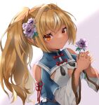  1girl bangs blonde_hair breasts cleavage cleavage_cutout clothing_cutout dark_skin dark_skinned_female elf eyebrows_visible_through_hair flower hair_behind_ear hands_together holding holding_flower hololive looking_at_viewer mito_nosuke orange_eyes pointy_ears ponytail purple_flower shiranui_flare shoulders smile solo virtual_youtuber wide_sleeves yellow_nails 
