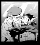  2boys air_bubble beret border bubble coat collared_shirt eye_contact eyepatch facial_hair greyscale hat kazuhira_miller looking_at_another male_focus metal_gear_(series) metal_gear_solid_v monochrome multiple_boys necktie parted_lips ponytail scar scar_across_eye scar_on_cheek scar_on_face shirt smile sodayabp sunglasses underwater venom_snake yaoi 