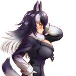  1girl absurdres animal_ear_fluff animal_ears black_hair breasts eyebrows_visible_through_hair fur_collar gloves grey_wolf_(kemono_friends) hakumaiya hand_in_hair hand_on_hip highres kemono_friends large_breasts long_hair looking_away multicolored_hair necktie simple_background solo tail two-tone_hair white_background white_gloves white_hair wolf_ears wolf_girl wolf_tail yellow_eyes 