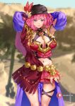  1girl armpits arms_behind_head arms_up bob_cut breasts cleavage cleavage_cutout closed_mouth clothing_cutout conope detached_sleeves feather_hair_ornament feathers fire_emblem fire_emblem:_fortune's_weave hair_ornament highres large_breasts looking_at_viewer maria_(fire_emblem:_fortune's_weave) midriff navel outdoors pink_hair pink_skirt purple_eyes skirt smile solo turban 