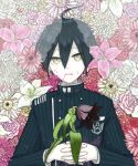  1boy ahoge bangs black_flower black_hair blood blood_from_mouth brown_eyes closed_mouth commentary_request danganronpa_(series) danganronpa_v3:_killing_harmony double-breasted floral_background flower from_above hair_between_eyes hands_up holding holding_flower jacket kana_(kttn_r) long_sleeves looking_at_viewer lying male_focus on_back pale_skin pink_blood pink_flower pink_rose red_flower rose saihara_shuuichi short_hair solo striped_jacket upper_body 