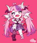  1girl ahoge asymmetrical_legwear black_boots black_thighhighs boots chibi choker commentary demon_girl demon_horns demon_wings english_commentary fang hair_ornament head_wings heart heart_ahoge heart_hair_ornament heart_o-ring heart_ring_choker heterochromia highres horns ironmouse ironmouse_(15th_costume) jacket long_hair looking_at_viewer mismatched_legwear multicolored_hair multiple_wings o-ring o-ring_choker open_mouth pink_background pink_choker pink_hair pink_jacket pink_shoes pointy_ears purple_eyes purple_hair purple_streaks red_eyes shoes skin_fang skirt solo spiked_choker spikes streaked_hair tadacharly thighhighs twintails virtual_youtuber vshojo white_horns white_thighhighs wings 