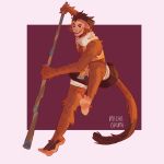  1:1 absurd_res anthro barefoot bottomwear brown_body brown_eyes brown_fur clothed clothing facial_markings fur haplorhine head_markings hi_res holding_object holding_weapon jumping kito_(kitodiet) loincloth male mammal markings miori_orimi monkey open_mouth prehensile_tail primate raised_leg scarf shorts smile solo teeth_showing weapon wooden_staff 