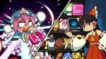  1-up_mushroom 1up 2girls alarm_clock anger_vein angry annotation_request ascot balloon banjo-kazooie blue_hat blue_kimono bottled_fairy bow brown_eyes brown_hair character_balloon clock commentary copyright_request danmaku detached_sleeves donkey_kong_(series) dushiido english_commentary final_fantasy frilled_bow frilled_hair_tubes frills galaga hair_bow hair_tubes hakurei_reimu hat highres hitodama item_box_(sonic) japanese_clothes kimono kirby_(series) long_hair long_sleeves mario_(series) max_revive mega_man_(series) meme minecraft mob_cap multiple_girls mushroom parody pink_hair pokemon rally-x red_bow red_skirt ribbon-trimmed_sleeves ribbon_trim saigyouji_yuyuko scene_reference shelf skirt skirt_set sonic_(series) sonic_the_hedgehog spongebob_squarepants_(series) the_legend_of_zelda totem_of_undying touhou triangular_headpiece umamusume wide_sleeves yellow_ascot 