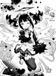  3girls :p ;p aria_(human)_(zenless_zone_zero) aria_(zenless_zone_zero) bare_shoulders clothing_cutout commentary_request dated detached_sleeves finger_heart flail halo highres looking_at_viewer monochrome multiple_girls nangong_yu navel navel_cutout one_eye_closed signature smile sunna_(zenless_zone_zero) thighhighs tongue tongue_out twintails weapon welve wings zenless_zone_zero 