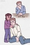  aged_up blue_eyes blue_pants brown_hair candy child commentary deliah_edwards dress_shirt english_commentary facial_hair five_nights_at_freddy's food harry_hurst highres hug hug_from_side long_sleeves multiple_views on_floor pants pill purple_pants purple_shoes purple_sweater rusizel shirt shirt_under_shirt shoes signature springtrap_and_deliah star_(symbol) star_print sweater t-shirt table time_paradox yellow_shirt 