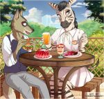  2020 anthro beastars belt bench beverage black_stripes brown_body brown_fur burger cake canid canine canis city city_background cityscape clothed clothing coyote cutlery date dessert detailed_background digital_media_(artwork) dress dress_shirt drinking_glass drinking_straw duo durham_(beastars) eating ellen_(beastars) equid equine female fence food fork fur furniture hair hi_res holding_beverage holding_burger holding_food holding_fork holding_object kitchen_utensils looking_aside looking_at_another male male/female mammal open_mouth parfait_(dessert) plant romantic_couple school_uniform shirt sitting smile stripes table teeth tommysamash tools topwear tree uniform vest white_body white_fur zebra 