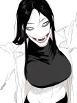  1girl abs absurdres bags_under_eyes breasts coat colored_sclera colored_skin crop_top fangs glasgow_smile grey_sclera highres japanese_urban_legends kuchisake-onna large_breasts long_hair muscular muscular_female open_mouth pale_skin simple_background solo virtuware white_eyes white_skin wide_mouth 
