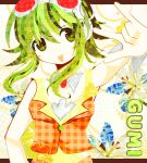  1girl \m/ bare_shoulders character_name collage_(medium) double_exposure faux_traditional_media goggles goggles_on_head green_eyes green_hair gumi hair_between_eyes headphones highres jacket open_mouth orange_jacket red-tinted_eyewear red_goggles short_hair short_hair_with_long_locks smile solo tinted_eyewear upper_body vocaloid yrtm_34221 