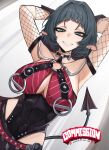  1girl absurdres animal_ear_piercing animal_ears bare_shoulders black_hair black_one-piece_swimsuit black_sarong breasts choker commentary commission english_text eyeliner fishnet_sleeves fishnets highres jane_doe_(nocturne_of_light)_(zenless_zone_zero) jane_doe_(zenless_zone_zero) large_breasts leather_leotard looking_at_viewer makeup medium_hair mikuneki mouse_ears mouse_girl mouse_tail o-ring o-ring_choker o-ring_one-piece_swimsuit official_alternate_costume one-piece_swimsuit red_one-piece_swimsuit sarong sharp_tail smile solo swimsuit tail two-tone_one-piece_swimsuit zenless_zone_zero 