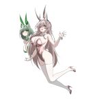  absurdres animal_ears arknights bow bowtie breasts cat_ears choebal1356201 civilight_eterna_(arknights) commentary demon_girl demon_horns green_bow green_bowtie green_eyes green_hair high_heels highres horns jewelry kal'tsit_(arknights) kal'tsit_esperanta_(arknights) large_breasts long_hair multiple_rings pink_bow pink_bowtie pink_eyes pink_hair pointy_ears ring ring_on_every_finger short_hair simple_background theresa_(arknights) untranslatable_commentary very_long_hair white_background 