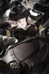  1girl black_dress black_hair black_thighhighs code_vein_ii commentary_request crown dress highres jadwiga_(code_vein_ii) lace-trimmed_thighhighs lace_trim long_hair long_sleeves looking_at_viewer morikawaito red_eyes solo thighhighs very_long_hair 