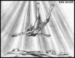  1girl artist_name barefoot black_border border breasts commentary dated graphite_(medium) highleg highleg_one-piece_swimsuit long_hair medium_breasts one-piece_swimsuit original saver_(artbysaver) signature solo submerged swimming swimsuit traditional_media 