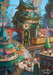  building cafe car city cityscape commentary fantasy furry impossible_architecture locomotive motor_vehicle multiple_others multiple_unit_train original pagoda railroad_tracks scenery slice_of_life town train train_interior train_station translation_request travel urban yellow_car yukoiwase 
