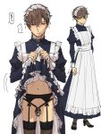  1boy black_dress black_garter_belt black_thighhighs chastity_cage chastity_cage_strap clothes_lift commentary_request crossdressing crossdressing_(mtf) dress garter_belt highres juliet_sleeves lace-trimmed_thighhighs lace_trim lifting_own_clothes lock long_sleeves maid maid_headdress male_focus male_maid multiple_views original padlock padlocked_chastity_cage penis puffy_sleeves shiohara_shinogi simple_background skirt skirt_lift standing testicles thighhighs translation_request tube_chastity_cage white_background 