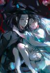  2boys age_difference aged_down all_wishes_come_true! arm_wrap bare_legs barefoot bindi black_cape black_hair black_hanfu black_hat cape carrying chinese_clothes closed_mouth commentary_request facial_mark forehead_mark grin hair_bun hair_ribbon hanfu hat high_ponytail highres hug long_hair long_sleeves looking_at_another lv_dongbin_(all_wishes_come_true!) male_focus multiple_boys onii-shota open_mouth orange_eyes parted_lips ponytail princess_carry red_ribbon ribbon robe sidelocks single_hair_bun sketch smile time_paradox updo white_hanfu wide_sleeves yaoi yesuliu718 zhongli_quan_(all_wishes_come_true!) 
