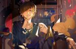  1boy azlitchen black_jacket black_pants black_shirt blonde_hair bracelet chain chain_necklace commentary_request crown earrings finger_to_mouth gold_bracelet gold_crown gold_earrings gold_necklace gold_ring hand_tattoo highres jacket jewelry kuzuryu_chisei lightning_bolt_symbol microphone_stand multiple_necklaces necklace on_throne pants paradox_live purple_eyes shirt short_hair sleeveless sleeveless_shirt tattoo throne 
