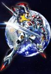  dangaioh_hyper_combat_unit dangaiou earth_(planet) glowing glowing_eyes glowing_hand holding holding_sword holding_weapon mecha no_humans oobari_masami open_hand planet science_fiction solo space star_(sky) super_robot sword weapon yellow_eyes 