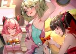  3girls angels_of_delusion angels_of_delusion_kfc_bag aqua_shirt aria_(human)_(zenless_zone_zero) aria_(zenless_zone_zero) armpits black_hair blush bow breasts camisole character_print cleavage commentary english_commentary green_hair grey_shorts highres indoors jpno licking_lips medium_breasts medium_hair multicolored_hair multiple_girls nangong_yu official_alternate_costume open_mouth orange_bow orange_tank_top pink_camisole pink_hair red_hair red_shirt self_character_print shirt shorts small_breasts smile sunna_(delusions_in_business)_(zenless_zone_zero) sunna_(zenless_zone_zero) tank_top tongue tongue_out two-tone_hair zenless_zone_zero 