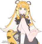  1girl anger_vein animal_ear_fluff animal_ears annoyed artist_name barefoot blonde_hair bow closed_eyes colored_inner_hair commentary_request crossed_legs english_commentary feet feet_up fingerless_gloves foot_focus foot_out_of_frame foreshortening gloves green_eyes high-waist_shorts highres jacket ju_fufu legs long_hair looking_at_viewer multicolored_hair no_shoes orange_fur presenting_foot presenting_own_foot shirt shorts simple_background sitting soles solo striped_fur striped_hair tail tail_bow tail_ornament thisperson233 tiger_ears tiger_girl tiger_stripes tiger_tail toes yellow_jacket zenless_zone_zero 