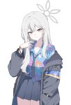  1girl absurdres armband black_jacket black_necktie black_skirt blue_archive blue_shirt breasts cleavage commentary grey_eyes grey_hair grey_halo hair_between_eyes halo hawaiian_shirt highres jacket konoka_(blue_archive) long_hair long_sleeves looking_at_viewer loose_necktie mahuyu mask mask_pull miniskirt mouth_mask necktie pleated_skirt purple_armband shirt simple_background skirt smile solo surgical_mask very_long_hair white_mask 
