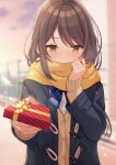  1girl blue_jacket blue_neckwear blurry blurry_background blush bow bowtie box brown_eyes brown_hair cardigan cloud commentary_request covered_mouth holding holding_box jacket long_hair long_sleeves looking_down nose_blush orange_scarf original outstretched_arm scarf school_uniform shiromikan shirt sky solo sunset uniform valentine white_shirt 
